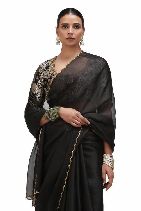 Shop_Mimamsaa_Black Organza Silk Embroidered Sequin Sati Scallop Hem Saree _Online_at_Aza_Fashions