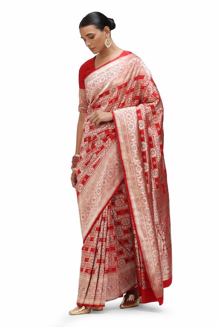 Buy_Mimamsaa_Red Satin, Silk Embroidery, Zari Gehana Floral Jaal Woven Saree _Online_at_Aza_Fashions