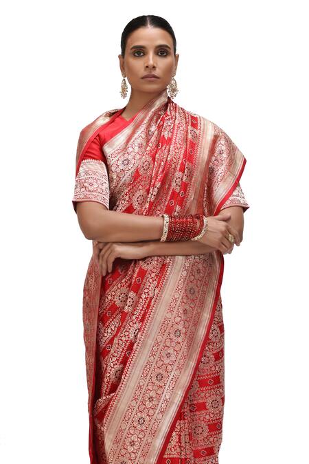 Shop_Mimamsaa_Red Satin, Silk Embroidery, Zari Gehana Floral Jaal Woven Saree _Online_at_Aza_Fashions
