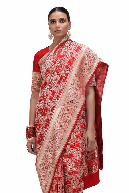 Mimamsaa_Red Satin, Silk Embroidery, Zari Gehana Floral Jaal Woven Saree _at_Aza_Fashions