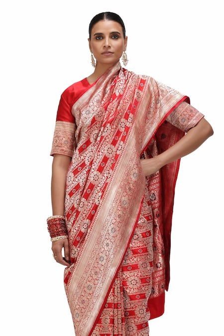 Buy_Mimamsaa_Red Satin, Silk Embroidery, Zari Gehana Floral Jaal Woven Saree 