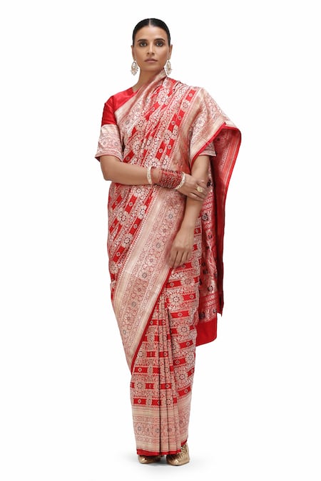 Shop_Mimamsaa_Red Satin, Silk Embroidery, Zari Gehana Floral Jaal Woven Saree 