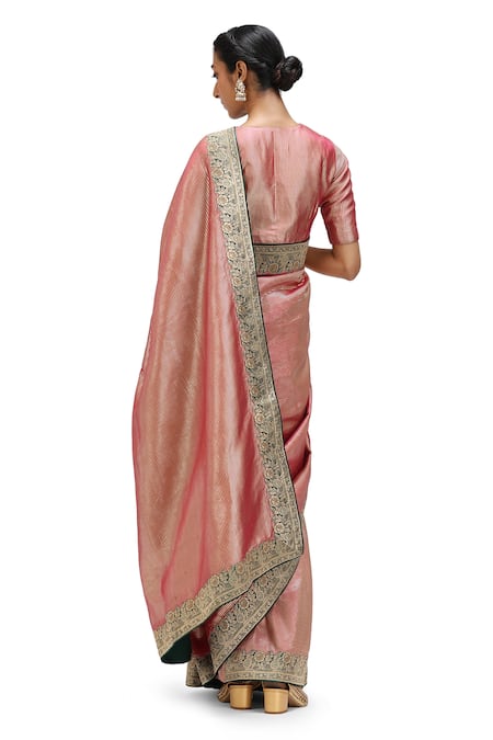 Mimamsaa_Pink Satin Embroidery Neana Danda Weave Pattern Saree _Online_at_Aza_Fashions