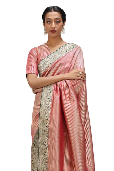 Shop_Mimamsaa_Pink Satin Embroidery Neana Danda Weave Pattern Saree _Online_at_Aza_Fashions