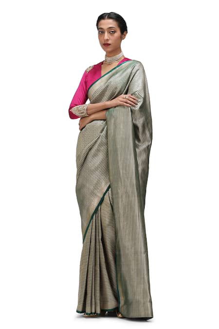 Buy_Mimamsaa_Green Satin, Silk Bani Danda Weave Pattern Saree _Online_at_Aza_Fashions