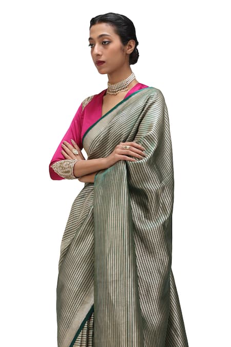 Shop_Mimamsaa_Green Satin, Silk Bani Danda Weave Pattern Saree _Online_at_Aza_Fashions