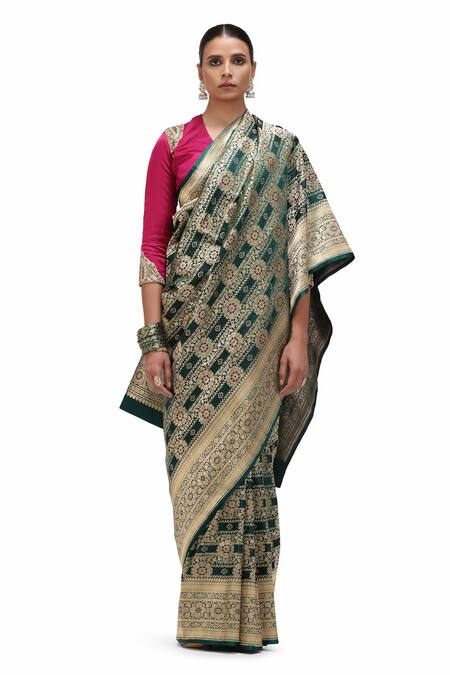 Buy_Mimamsaa_Green Satin, Silk Zari Parshee Jaal Woven Bridal Saree _Online_at_Aza_Fashions