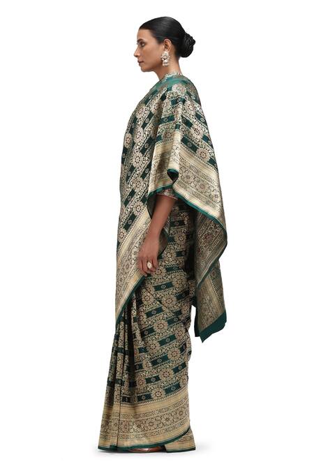 Shop_Mimamsaa_Green Satin, Silk Zari Parshee Jaal Woven Bridal Saree _Online_at_Aza_Fashions