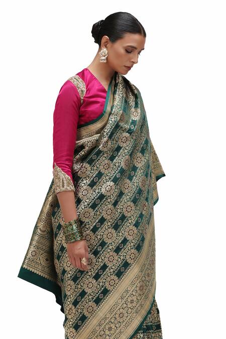 Mimamsaa_Green Satin, Silk Zari Parshee Jaal Woven Bridal Saree _at_Aza_Fashions