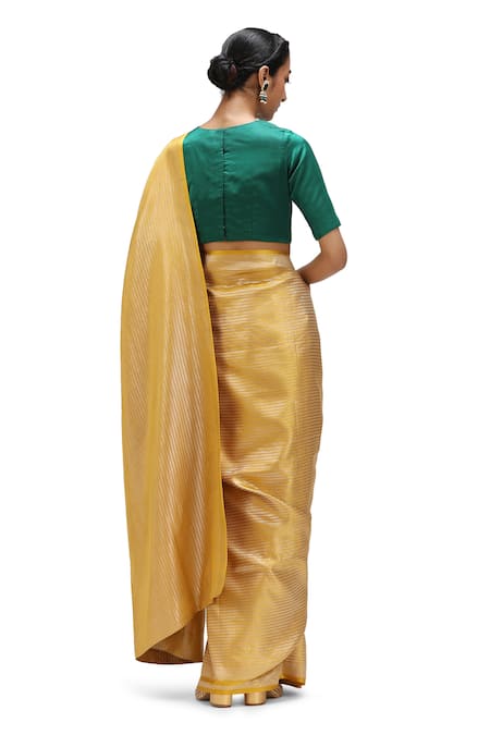 Mimamsaa_Yellow Satin, Silk Shaima Danda Weave Pattern Saree _Online_at_Aza_Fashions