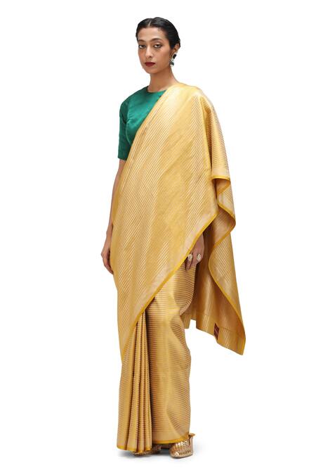 Buy_Mimamsaa_Yellow Satin, Silk Shaima Danda Weave Pattern Saree _Online_at_Aza_Fashions