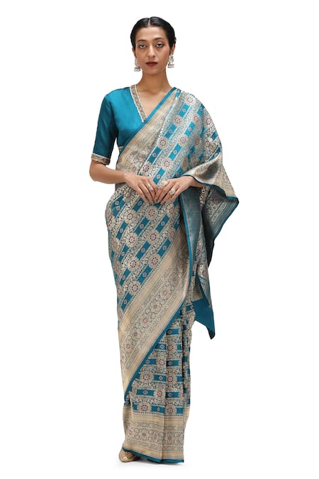 Mimamsaa Blue Satin Silk Woven Bloom Jaal Bridal Saree 