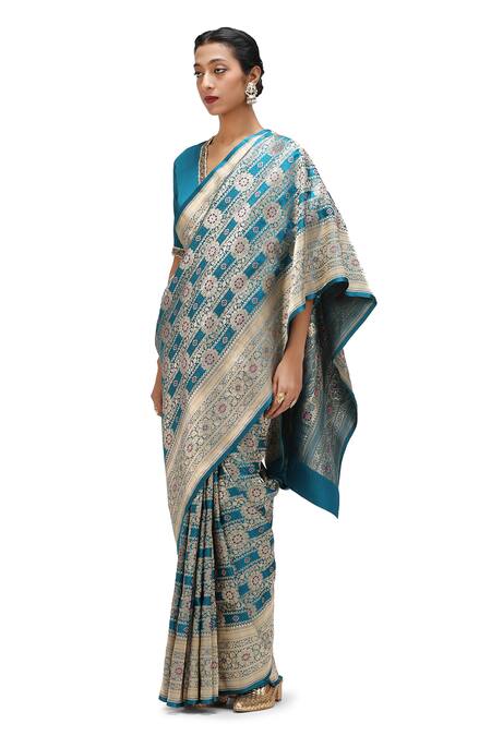 Buy_Mimamsaa_Blue Satin, Silk Embroidery Ojal Bloom Woven Bridal Saree _Online_at_Aza_Fashions