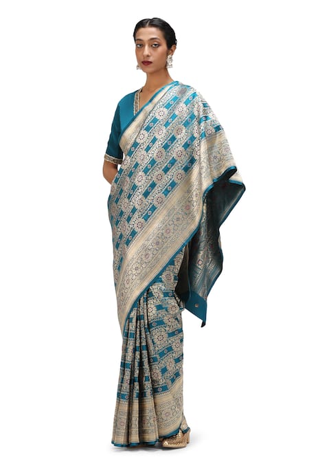 Shop_Mimamsaa_Blue Satin, Silk Embroidery Ojal Bloom Woven Bridal Saree _Online_at_Aza_Fashions