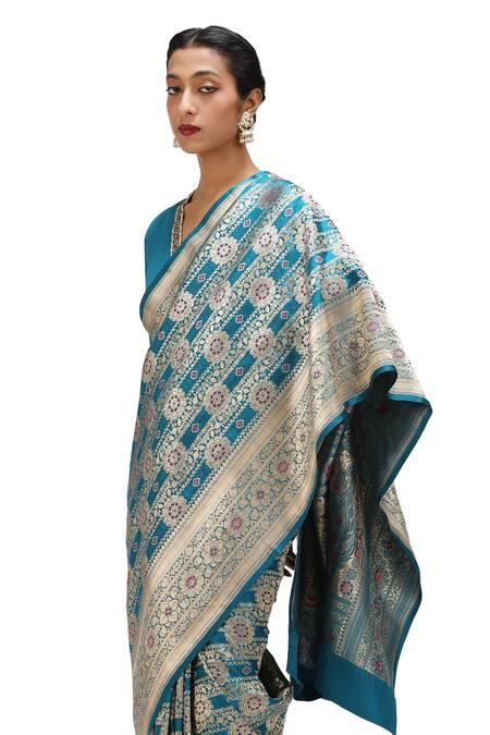 Mimamsaa_Blue Satin, Silk Embroidery Ojal Bloom Woven Bridal Saree _at_Aza_Fashions