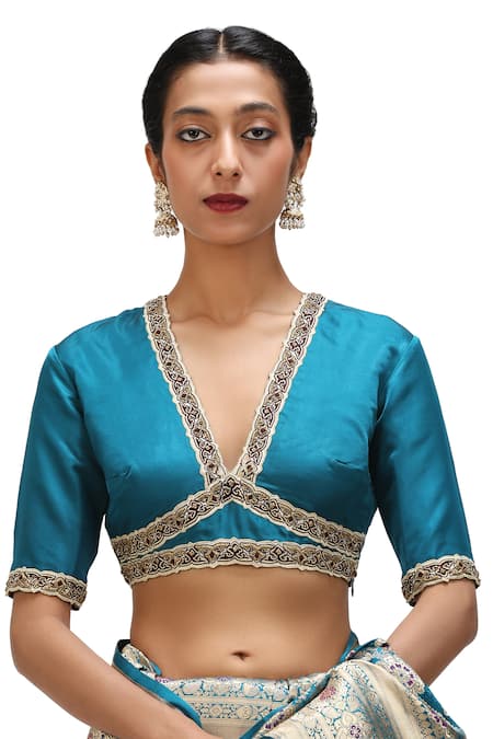 Buy_Mimamsaa_Blue Satin, Silk Embroidery Ojal Bloom Woven Bridal Saree 