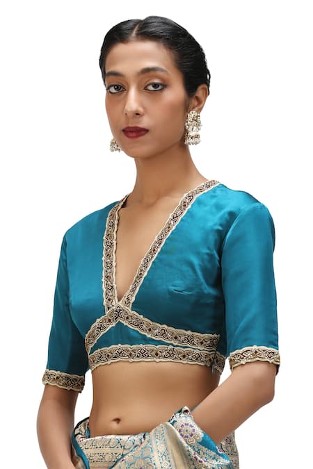 Shop_Mimamsaa_Blue Satin, Silk Embroidery Ojal Bloom Woven Bridal Saree 