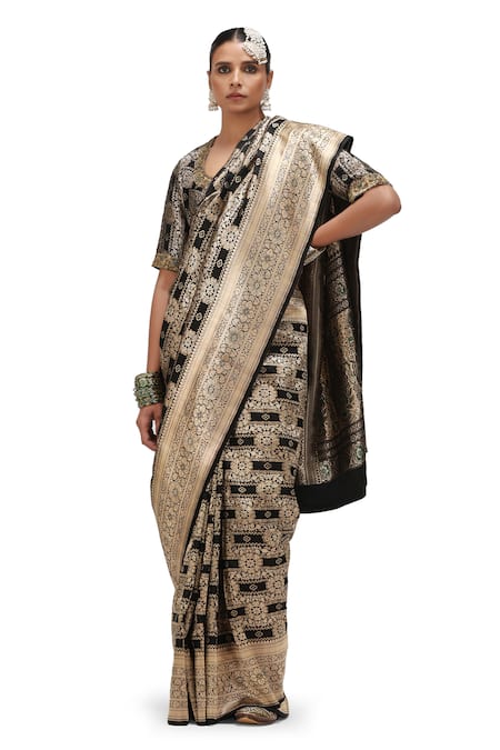 Buy_Mimamsaa_Black Satin, Silk Zari, Embroidery Taarika Floret Jaal Woven Saree _Online_at_Aza_Fashions