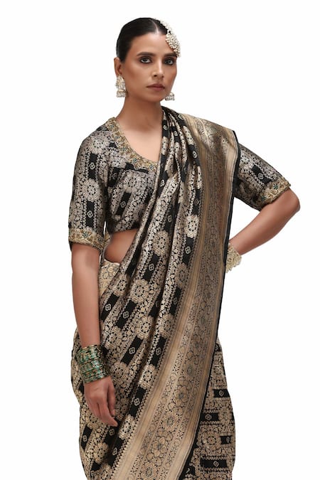 Shop_Mimamsaa_Black Satin, Silk Zari, Embroidery Taarika Floret Jaal Woven Saree _Online_at_Aza_Fashions