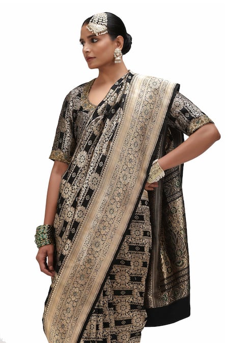 Mimamsaa_Black Satin, Silk Zari, Embroidery Taarika Floret Jaal Woven Saree _at_Aza_Fashions
