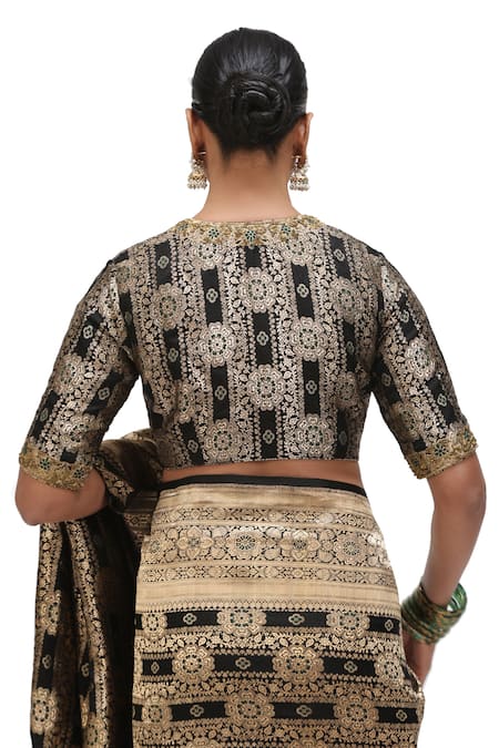 Shop_Mimamsaa_Black Satin, Silk Zari, Embroidery Taarika Floret Jaal Woven Saree 