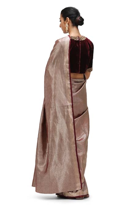 Mimamsaa_Wine Satin, Silk Vaiga Danda Weave Pattern Saree _Online_at_Aza_Fashions