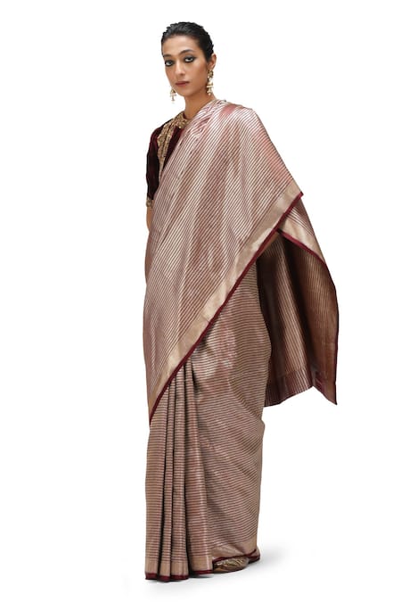Shop_Mimamsaa_Wine Satin, Silk Vaiga Danda Weave Pattern Saree _Online_at_Aza_Fashions