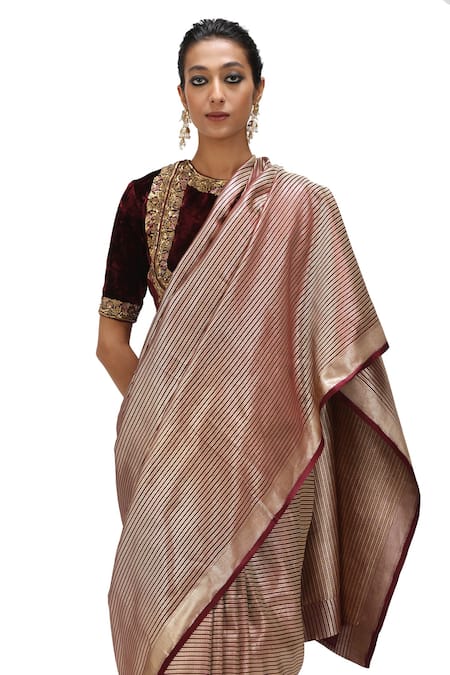Mimamsaa_Wine Satin, Silk Vaiga Danda Weave Pattern Saree _at_Aza_Fashions