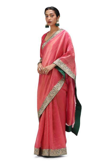 Shop_Mimamsaa_Pink Tissue, Silk Embroidery Veena Floral Brocade Border Saree _Online_at_Aza_Fashions