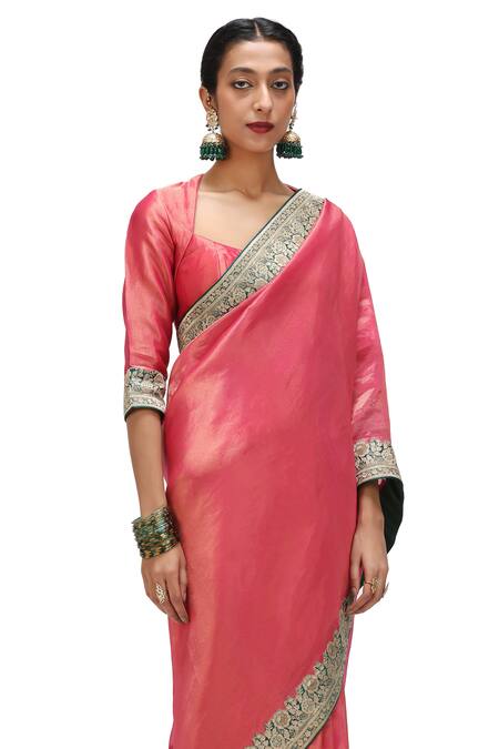 Mimamsaa_Pink Tissue, Silk Embroidery Veena Floral Brocade Border Saree _at_Aza_Fashions