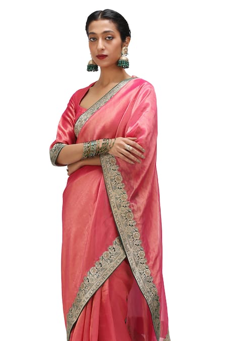 Buy_Mimamsaa_Pink Tissue, Silk Embroidery Veena Floral Brocade Border Saree 