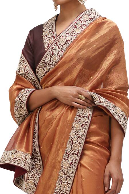 Shop_Mimamsaa_Brown Silk Embroidery, Sequins Sindhu Floweret Brocade Border Saree_Online_at_Aza_Fashions