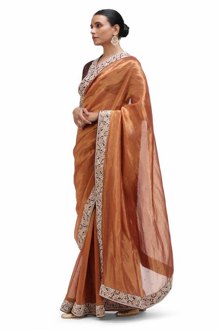 Mimamsaa_Brown Silk Embroidery, Sequins Sindhu Floweret Brocade Border Saree_at_Aza_Fashions