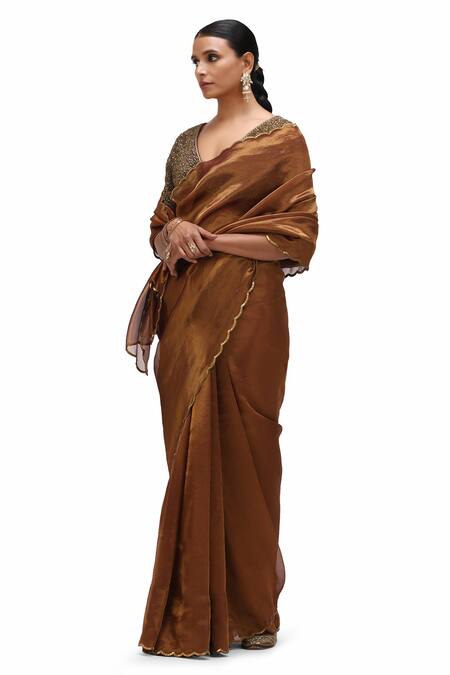 Buy_Mimamsaa_Brown Tissue Silk Woven Sequin Chandana Tikki Embellished Scallop Border Saree _Online_at_Aza_Fashions