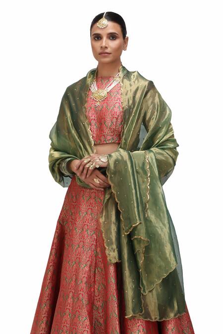 Buy_Mimamsaa_Red Brocade, Silk Embroidery High Neck Watsala Bird Motif Woven Lehenga Set _Online_at_Aza_Fashions