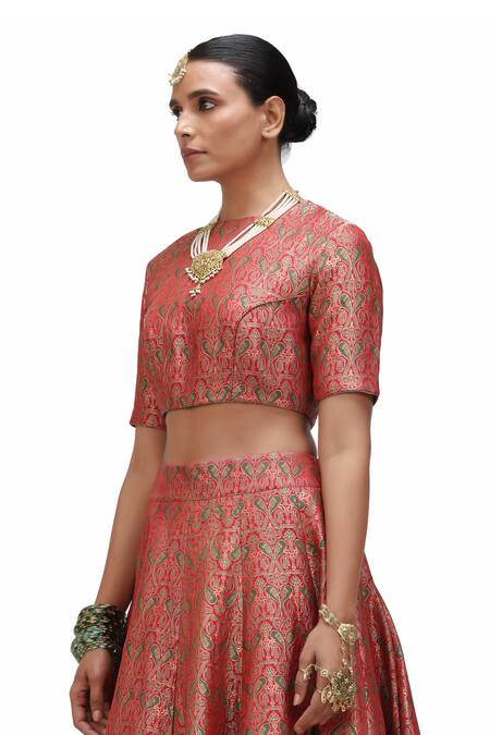 Shop_Mimamsaa_Red Brocade, Silk Embroidery High Neck Watsala Bird Motif Woven Lehenga Set _Online_at_Aza_Fashions
