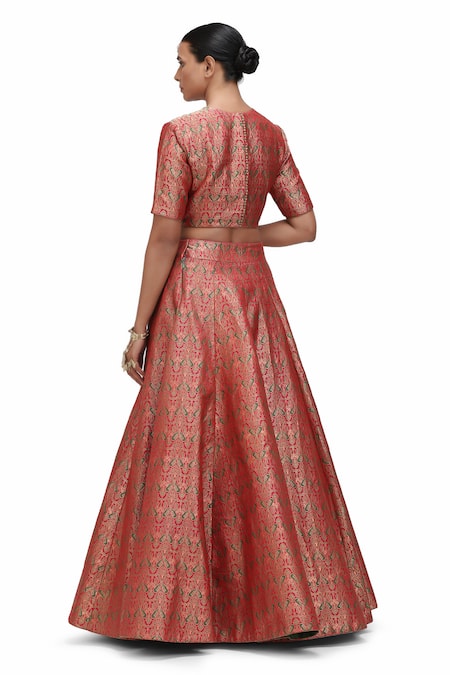 Mimamsaa_Red Brocade, Silk Embroidery High Neck Watsala Bird Motif Woven Lehenga Set _at_Aza_Fashions