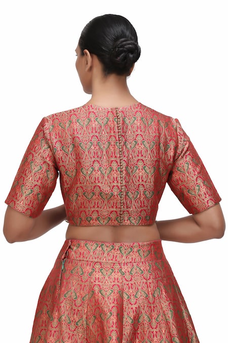 Shop_Mimamsaa_Red Brocade, Silk Embroidery High Neck Watsala Bird Motif Woven Lehenga Set 