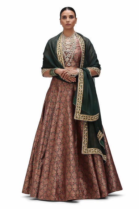 Mimamsaa Red Brocade Silk Woven Zameen And Alfi Motif V Neck Warhi & Lehenga Set 