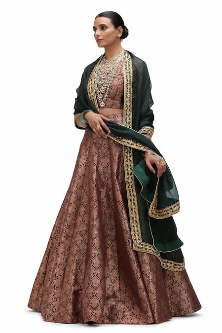 Buy_Mimamsaa_Red Brocade Embroidery, Sequins Warhi Zameen And Alfi Motif Woven Lehenga Set _Online_at_Aza_Fashions