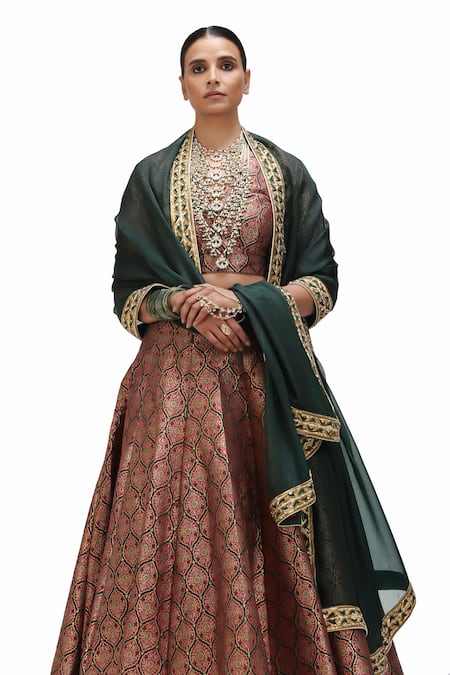 Shop_Mimamsaa_Red Brocade Embroidery, Sequins Warhi Zameen And Alfi Motif Woven Lehenga Set _Online_at_Aza_Fashions