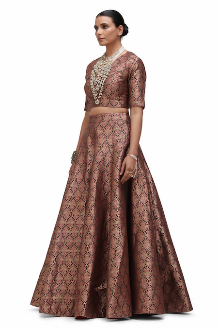 Mimamsaa_Red Brocade Embroidery, Sequins Warhi Zameen And Alfi Motif Woven Lehenga Set _at_Aza_Fashions
