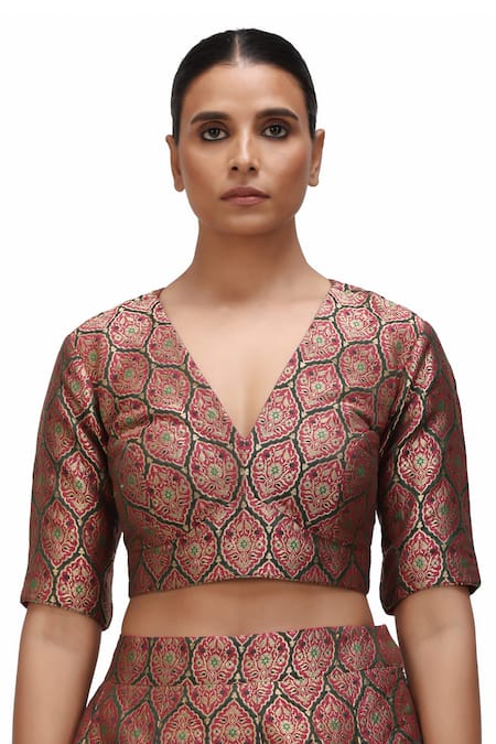 Buy_Mimamsaa_Red Brocade Embroidery, Sequins Warhi Zameen And Alfi Motif Woven Lehenga Set 