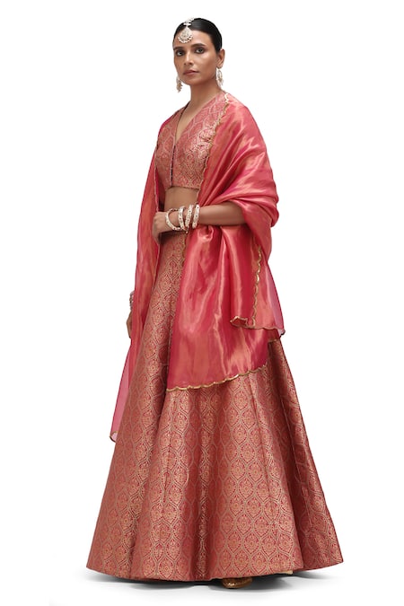 Buy_Mimamsaa_Red Brocade, Silk Embroidery, Soma Zameen And Alfi Motif Woven Lehenga Set _Online_at_Aza_Fashions