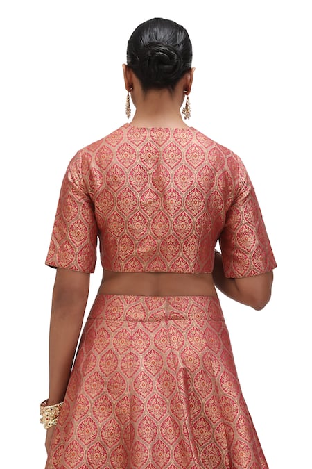 Shop_Mimamsaa_Red Brocade, Silk Embroidery, Soma Zameen And Alfi Motif Woven Lehenga Set _Online_at_Aza_Fashions