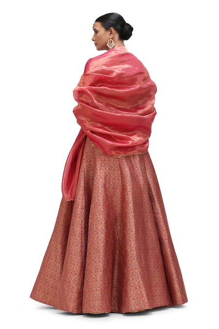 Mimamsaa_Red Brocade, Silk Embroidery, Soma Zameen And Alfi Motif Woven Lehenga Set _at_Aza_Fashions