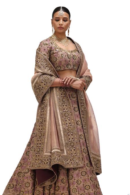 Buy_Mimamsaa_Purple Brocade Silk Embroidery Sequin Scoop Neck Channan Gul Bridal Lehenga Set _Online_at_Aza_Fashions