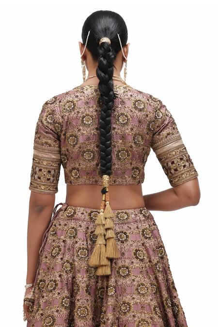 Mimamsaa_Purple Brocade Silk Embroidery Sequin Scoop Neck Channan Gul Bridal Lehenga Set _at_Aza_Fashions