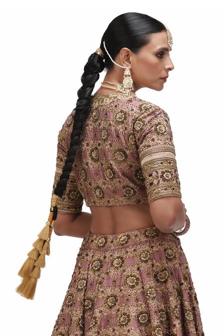 Buy_Mimamsaa_Purple Brocade Silk Embroidery Sequin Scoop Neck Channan Gul Bridal Lehenga Set 