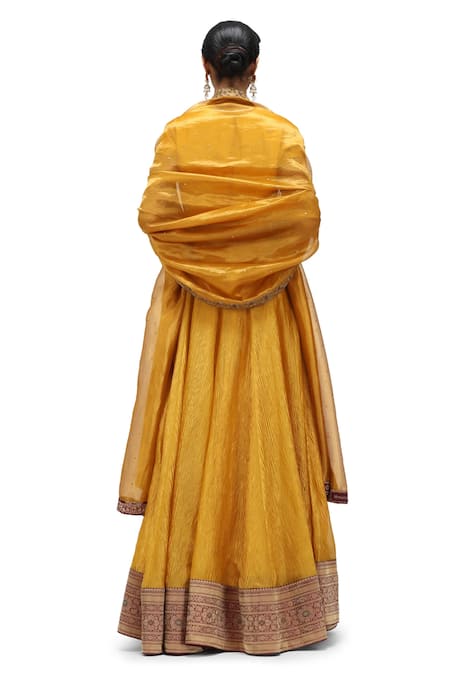 Shop Mimamsaa Yellow Crepe Embroidery Nimrit Bloom Border Woven Crushed Tissue Lehenga Set at Aza Fashions Shop_Mimamsaa_Yellow Crepe Embroidery Nimrit Bloom Border Woven Crushed Tissue Lehenga Set _at_Aza_Fashions